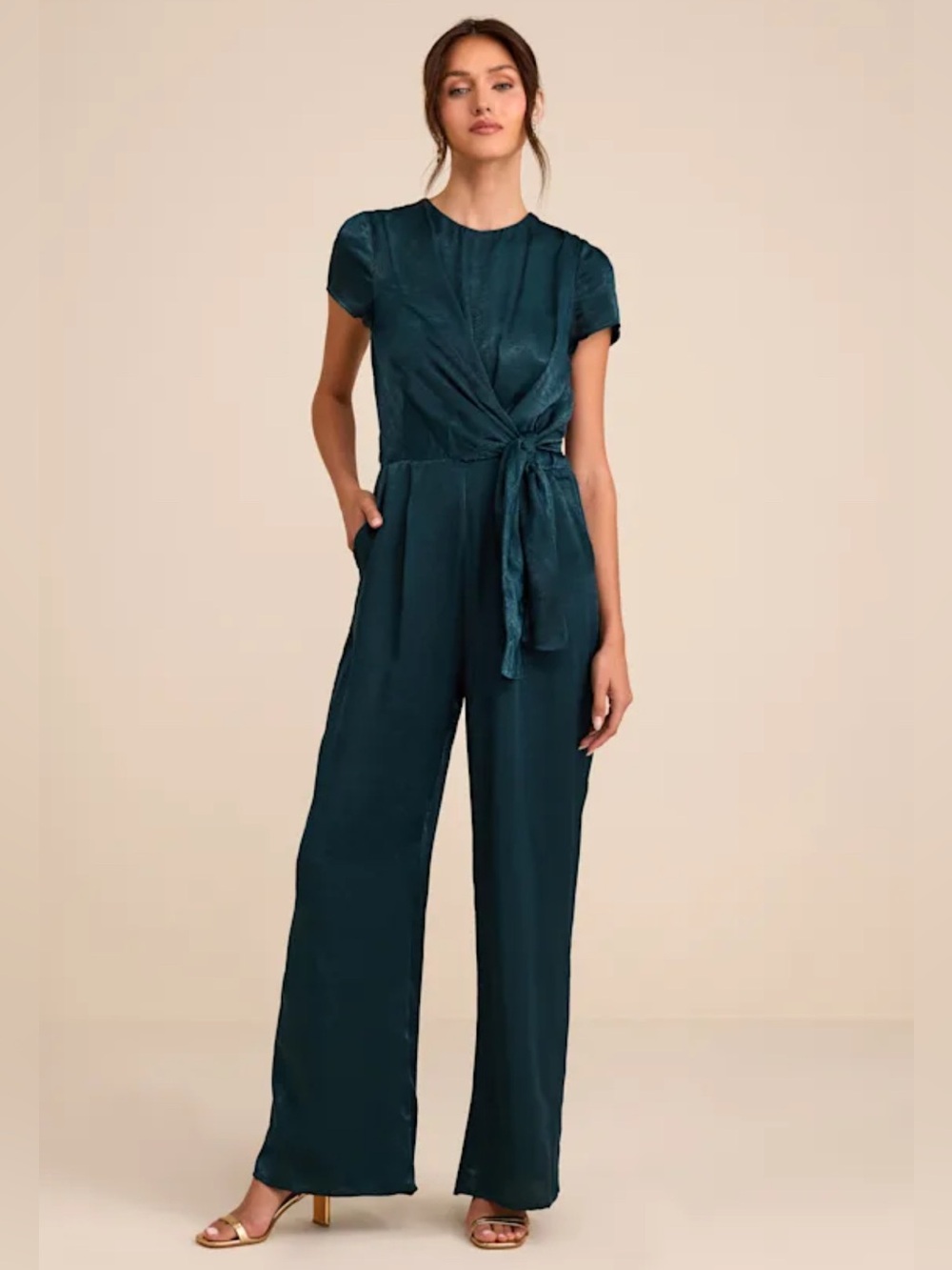 Let Me Entertain You Dark Green Satin Wide-Leg Jumpsuit
